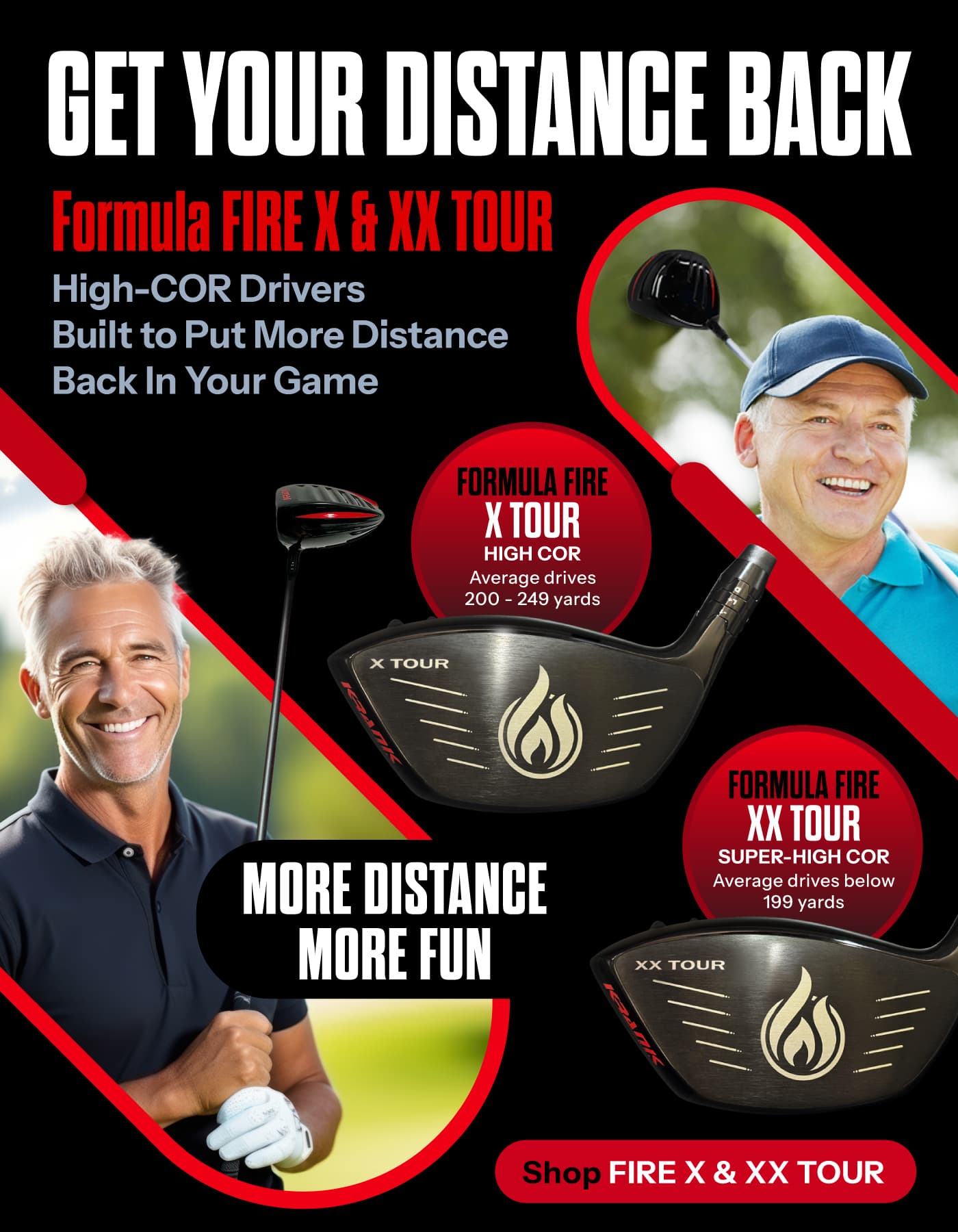 Krank Golf Older Golfers FIRE X and XX TOUR social media graphic